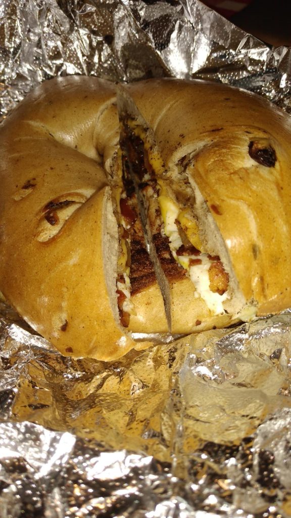 cinnamon raisin bagel with bacon egg and cheese