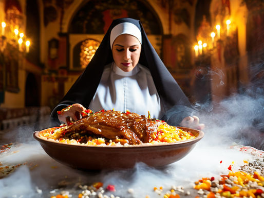 Mexican nun holding dish of mole poblano